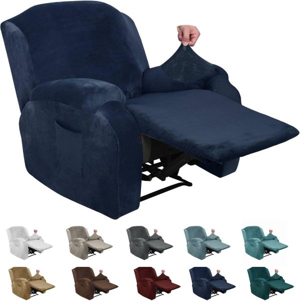 Velvet Recliner Slipcover - XINEAGE 4-Piece Stretch Chair Cover, Anti-Slip