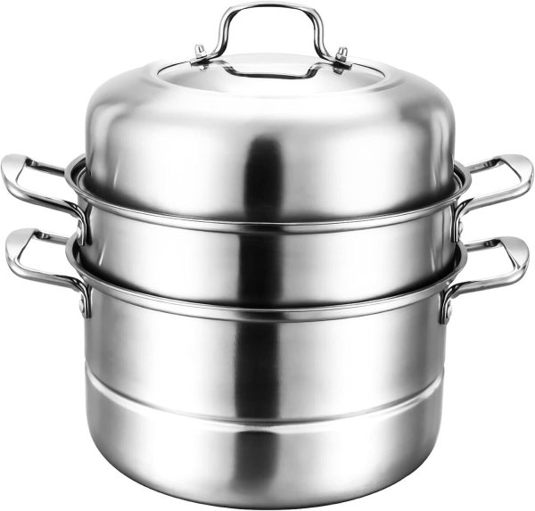 WUWEOT 11" 3-Tier Stainless Steel Steamer Pot with Lid for Dumplings & Vegetable