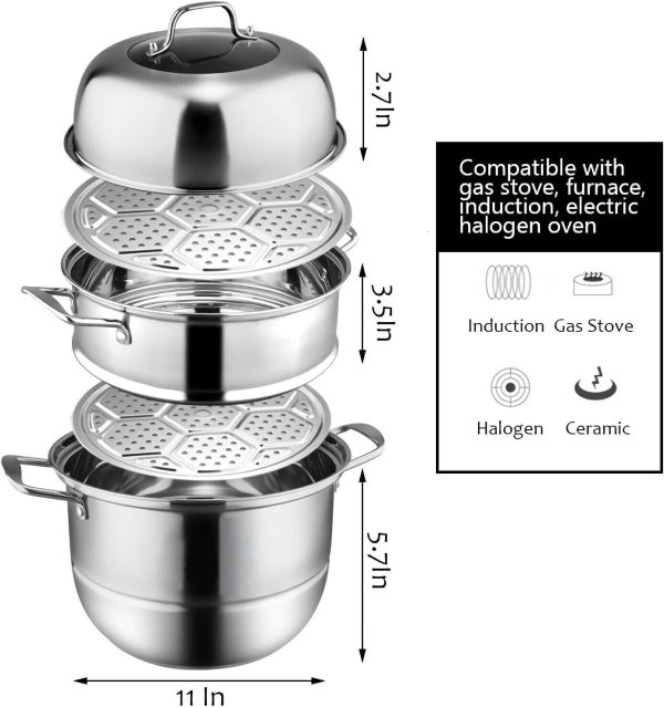 WUWEOT 11" 3-Tier Stainless Steel Steamer Pot with Lid for Dumplings & Vegetable - Image 2