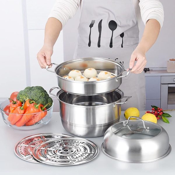 WUWEOT 11" 3-Tier Stainless Steel Steamer Pot with Lid for Dumplings & Vegetable - Image 4