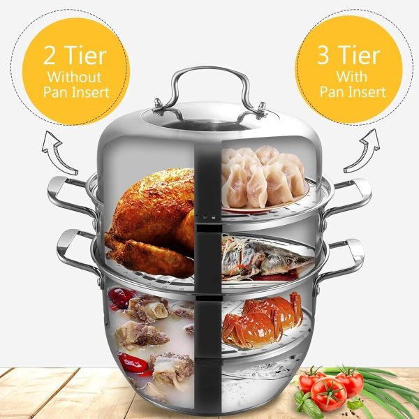 WUWEOT 11" 3-Tier Stainless Steel Steamer Pot with Lid for Dumplings & Vegetable - Image 7