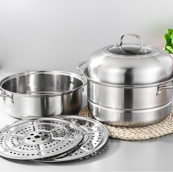 WUWEOT 11" 3-Tier Stainless Steel Steamer Pot with Lid for Dumplings & Vegetable - Image 8