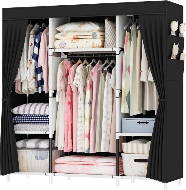 OPPAIYA Canvas Wardrobe, Portable Foldable Closet with 3 Rails, 3 Compartments