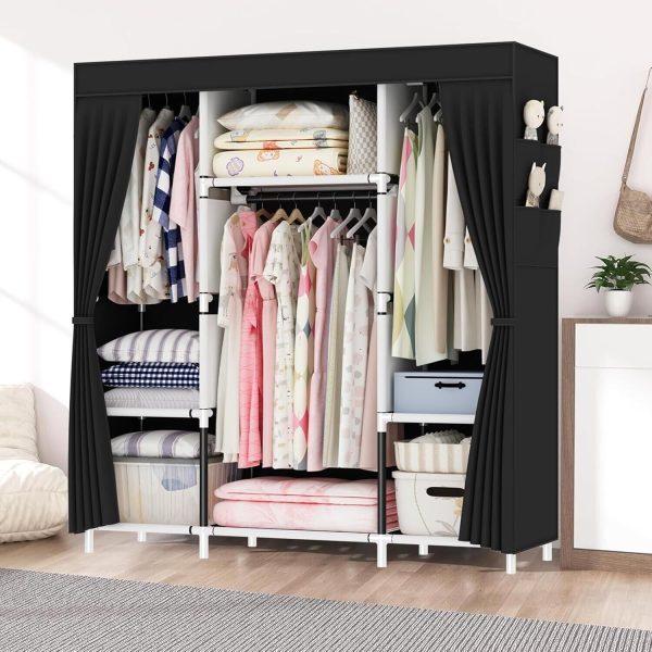 OPPAIYA Canvas Wardrobe, Portable Foldable Closet with 3 Rails, 3 Compartments - Image 2