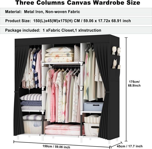 OPPAIYA Canvas Wardrobe, Portable Foldable Closet with 3 Rails, 3 Compartments - Image 3