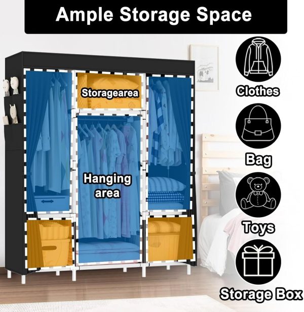 OPPAIYA Canvas Wardrobe, Portable Foldable Closet with 3 Rails, 3 Compartments - Image 4