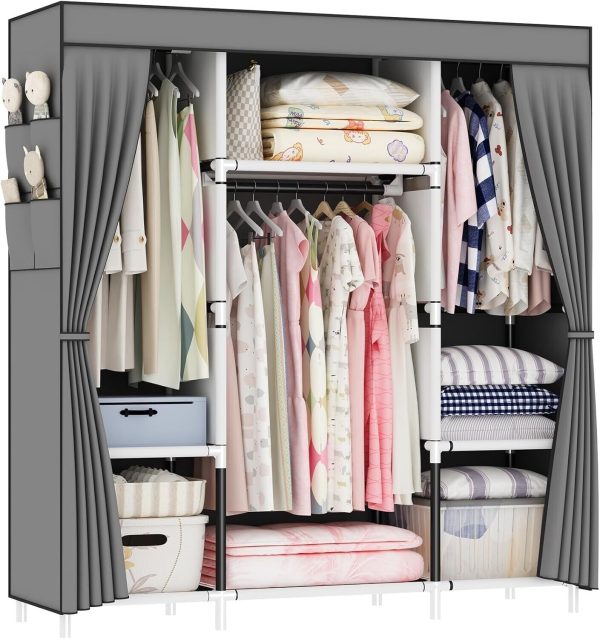 OPPAIYA Canvas Wardrobe, Portable Foldable Closet with 3 Rails, 3 Compartments - Image 6