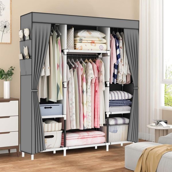 OPPAIYA Canvas Wardrobe, Portable Foldable Closet with 3 Rails, 3 Compartments - Image 7