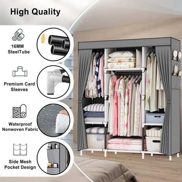 OPPAIYA Canvas Wardrobe, Portable Foldable Closet with 3 Rails, 3 Compartments - Image 9