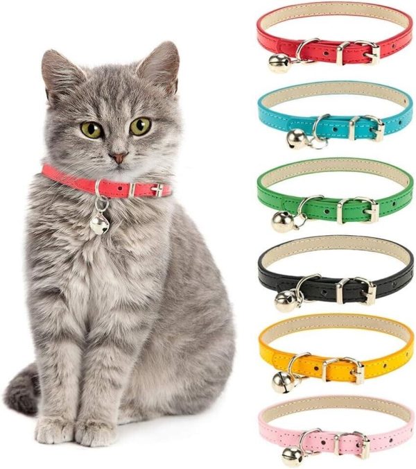 6 Pack Leather Cat Collars with Removable Bell Polished Durable Metal Buckle